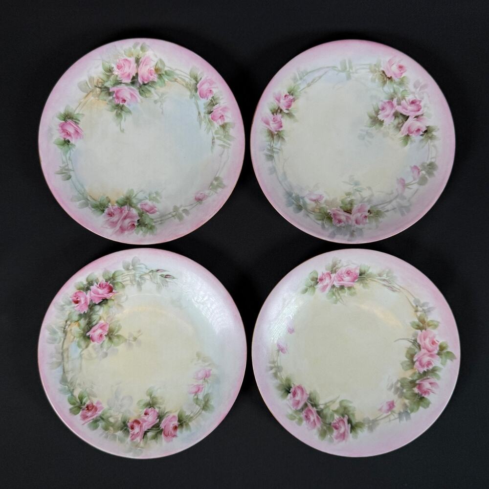 Lot of 4 J.P.L. France Pink Rose flowers Porcelain Plates Vintage 6.5"